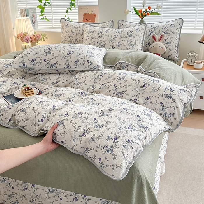 91家纺网 家纺一手货源 找家纺 爱洛家纺 2026新款印花皱皱纱四件套 雾蓝青序