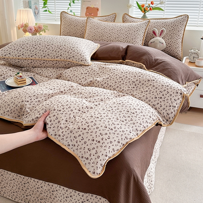 91家纺网 家纺一手货源 找家纺 爱洛家纺 2026新款印花皱皱纱四件套 咖调星絮