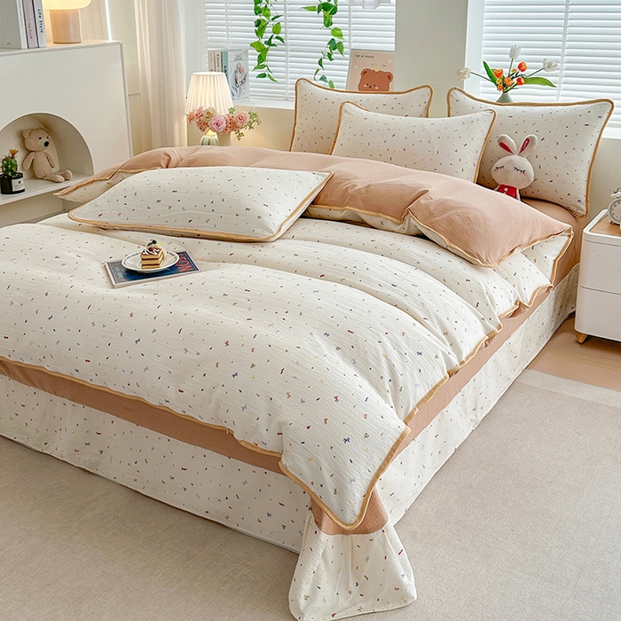 91家纺网 家纺一手货源 找家纺 爱洛家纺 2026新款印花皱皱纱四件套 素低彩语