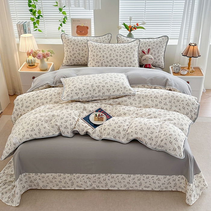 91家纺网 家纺一手货源 找家纺 爱洛家纺 2026新款印花皱皱纱四件套 云隙青叶