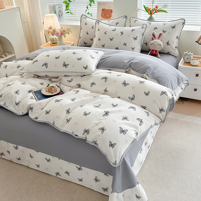 91家纺网 家纺一手货源 找家纺 爱洛家纺 2026新款印花皱皱纱四件套 雾灰蝶语