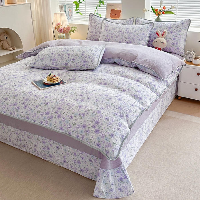 91家纺网 家纺一手货源 找家纺 爱洛家纺 2026新款印花皱皱纱四件套 紫雾星花