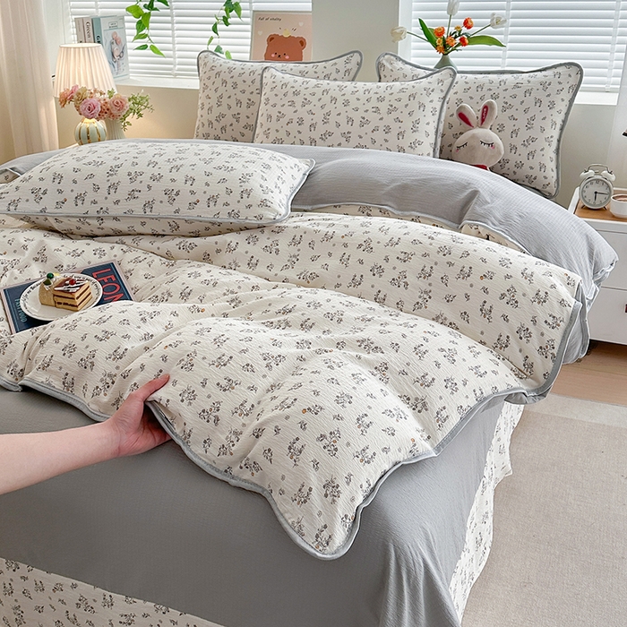 91家纺网 家纺一手货源 找家纺 爱洛家纺 2026新款印花皱皱纱四件套 云隙青叶