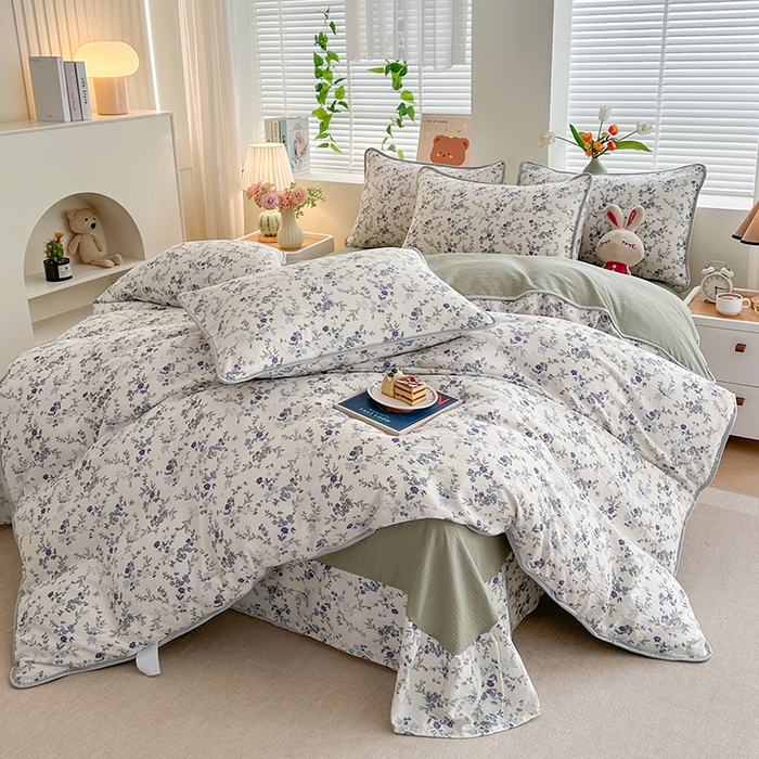 91家纺网 家纺一手货源 找家纺 爱洛家纺 2026新款印花皱皱纱四件套 雾蓝青序