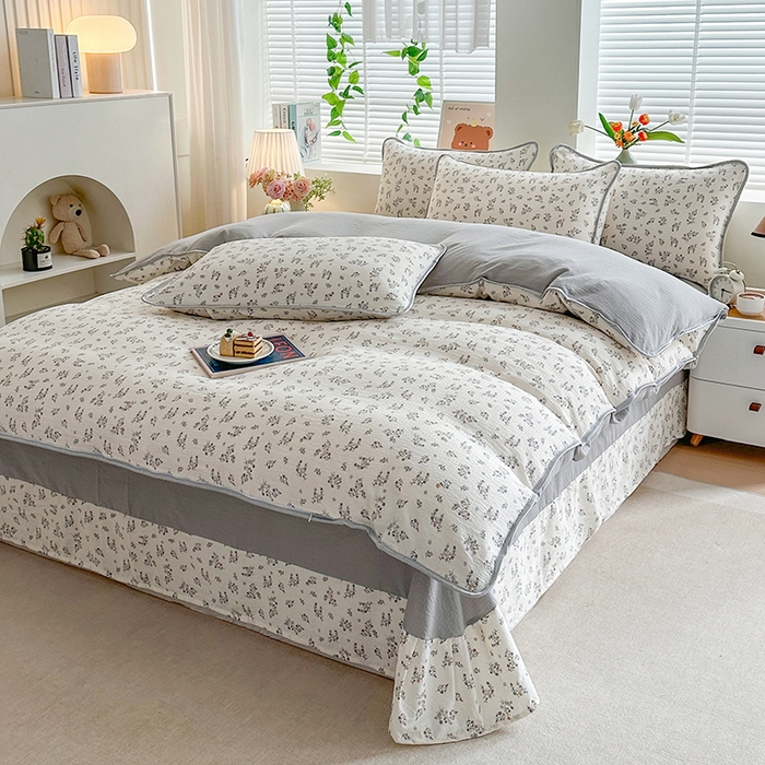 91家纺网 家纺一手货源 找家纺 爱洛家纺 2026新款印花皱皱纱四件套 云隙青叶