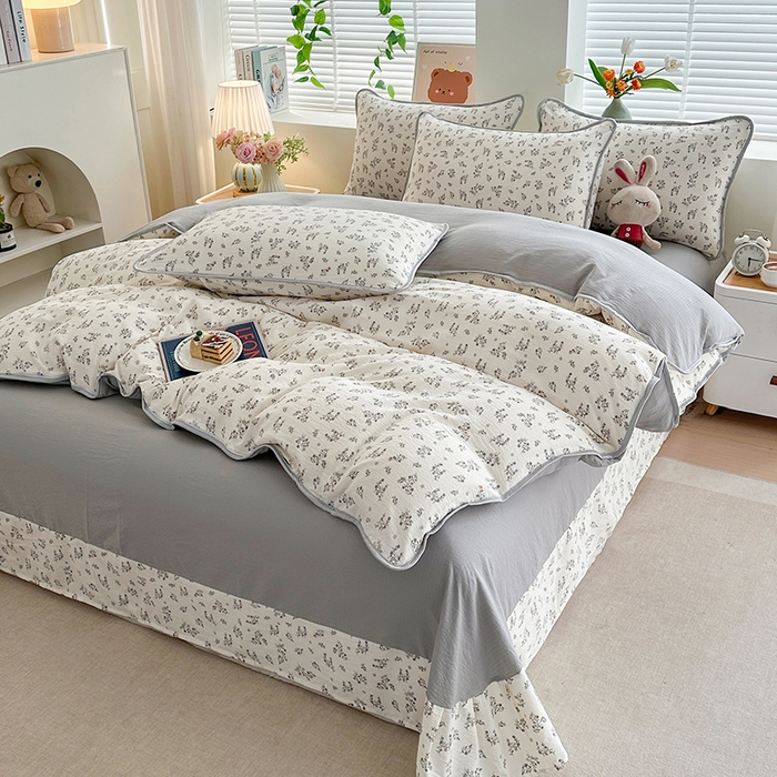 91家纺网 家纺一手货源 找家纺 爱洛家纺 2026新款印花皱皱纱四件套 云隙青叶