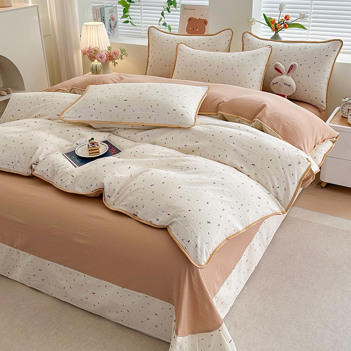 91家纺网 家纺一手货源 找家纺 爱洛家纺 2026新款印花皱皱纱四件套 素低彩语