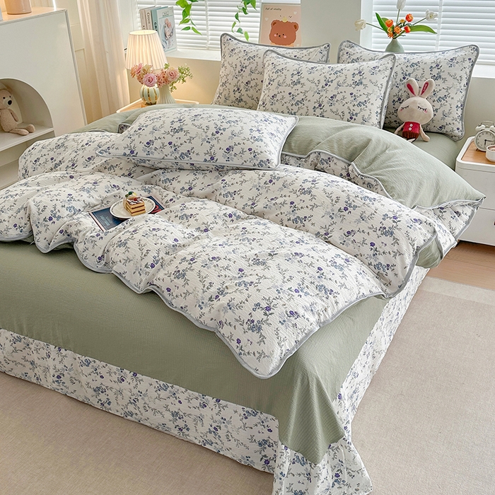 91家纺网 家纺一手货源 找家纺 爱洛家纺 2026新款印花皱皱纱四件套 雾蓝青序