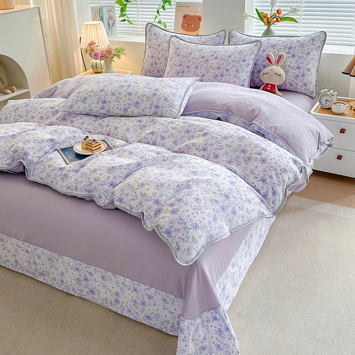 91家纺网 家纺一手货源 找家纺 爱洛家纺 2026新款印花皱皱纱四件套 紫雾星花