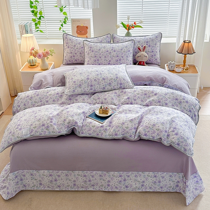 91家纺网 家纺一手货源 找家纺 爱洛家纺 2026新款印花皱皱纱四件套 紫雾星花