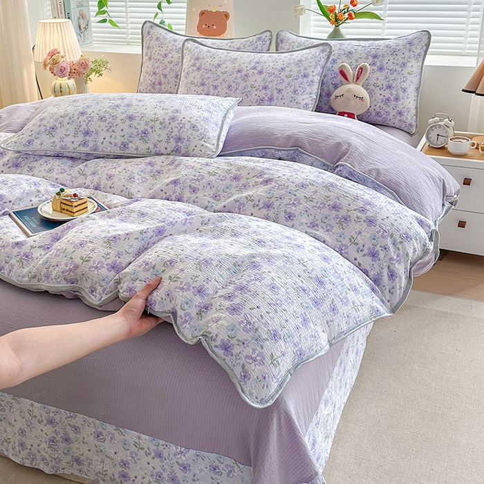 91家纺网 家纺一手货源 找家纺 爱洛家纺 2026新款印花皱皱纱四件套 紫雾星花