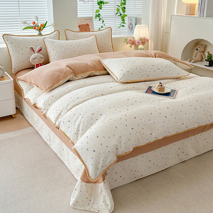 91家纺网 家纺一手货源 找家纺 爱洛家纺 2026新款印花皱皱纱四件套 素低彩语