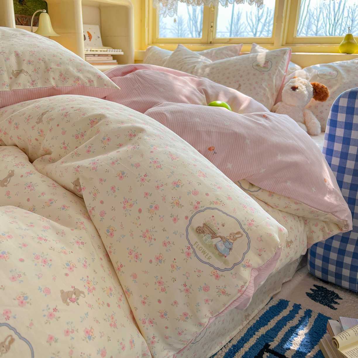 91家纺网 家纺一手货源 找家纺 简约家纺 2026新款全棉斜纹12868单被套系列 粉色花园兔-粉