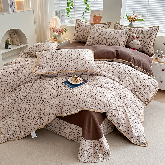 91家纺网 家纺一手货源 找家纺 爱洛家纺 2026新款印花皱皱纱四件套 咖调星絮