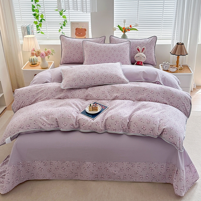 91家纺网 家纺一手货源 找家纺 爱洛家纺 2026新款印花皱皱纱四件套 云紫轻花