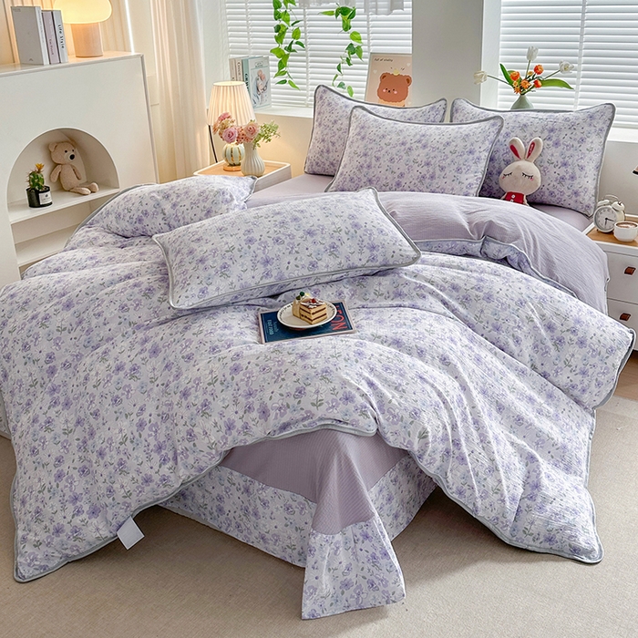 91家纺网 家纺一手货源 找家纺 爱洛家纺 2026新款印花皱皱纱四件套 紫雾星花