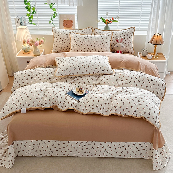 91家纺网 家纺一手货源 找家纺 爱洛家纺 2026新款印花皱皱纱四件套 秋栗拾光