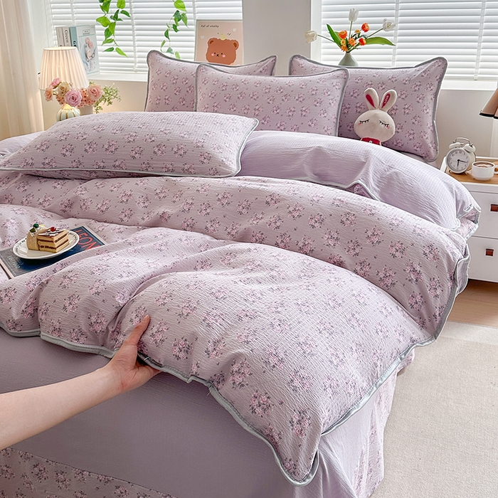 91家纺网 家纺一手货源 找家纺 爱洛家纺 2026新款印花皱皱纱四件套 云紫轻花