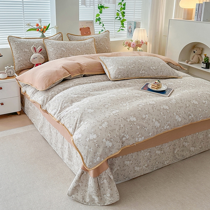 91家纺网 家纺一手货源 找家纺 爱洛家纺 2026新款印花皱皱纱四件套 暖棕枝雪