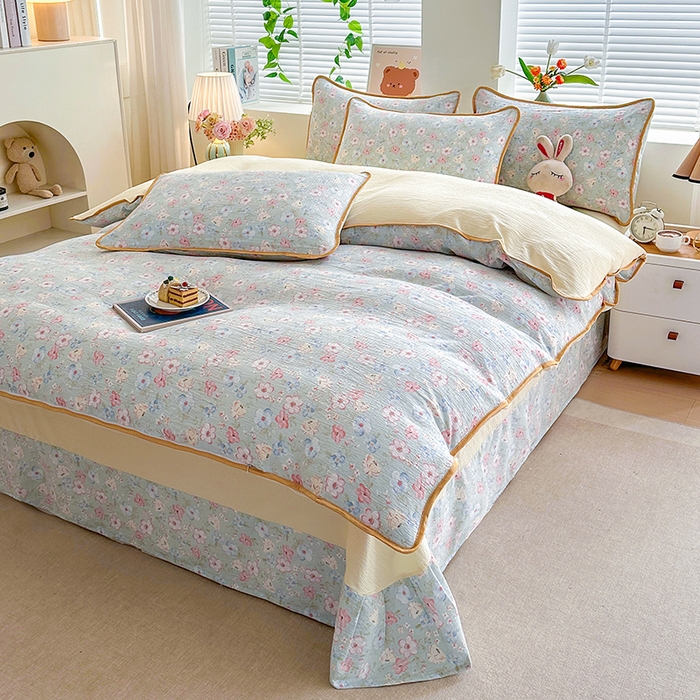 91家纺网 家纺一手货源 找家纺 爱洛家纺 2026新款印花皱皱纱四件套 清溪落英