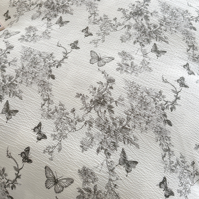 91家纺网 家纺一手货源 找家纺 爱洛家纺 2026新款印花皱皱纱四件套 素墨蝶舞