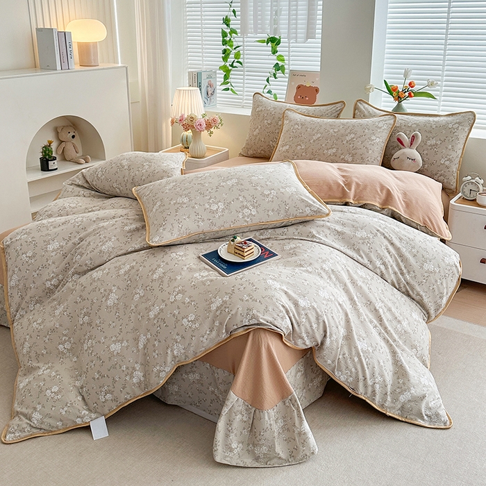 91家纺网 家纺一手货源 找家纺 爱洛家纺 2026新款印花皱皱纱四件套 暖棕枝雪