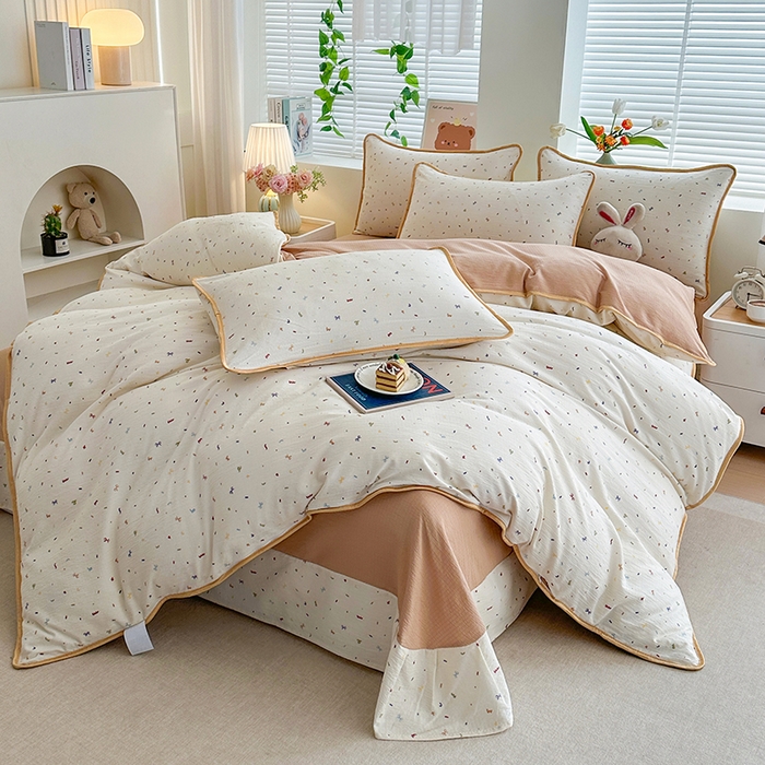 91家纺网 家纺一手货源 找家纺 爱洛家纺 2026新款印花皱皱纱四件套 素低彩语