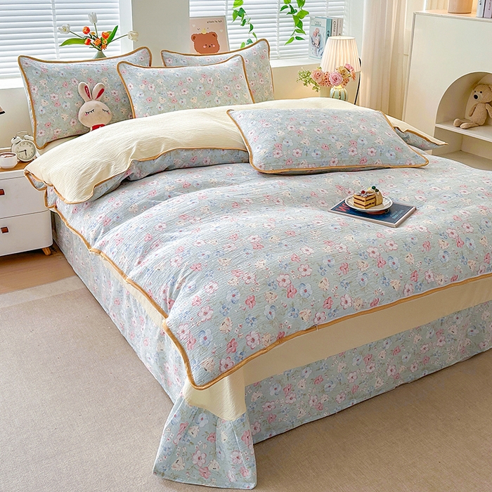 91家纺网 家纺一手货源 找家纺 爱洛家纺 2026新款印花皱皱纱四件套 清溪落英