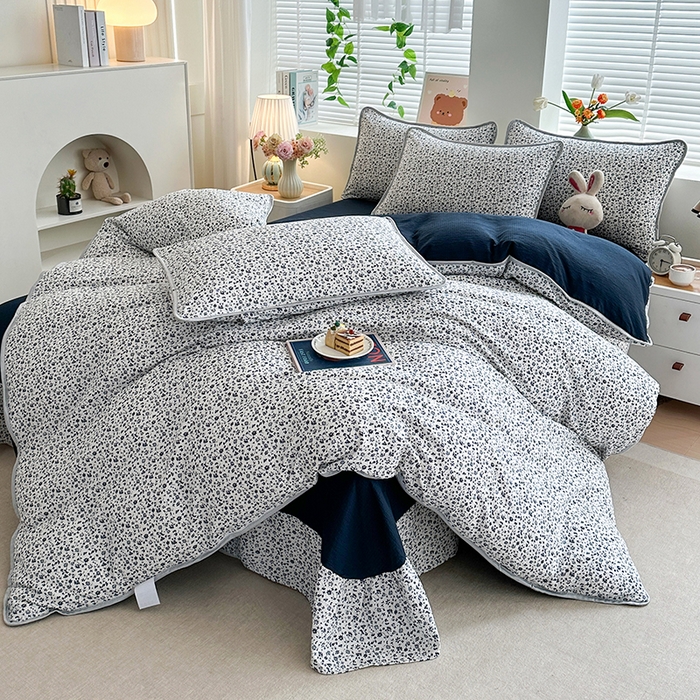 91家纺网 家纺一手货源 找家纺 爱洛家纺 2026新款印花皱皱纱四件套 墨蓝星絮