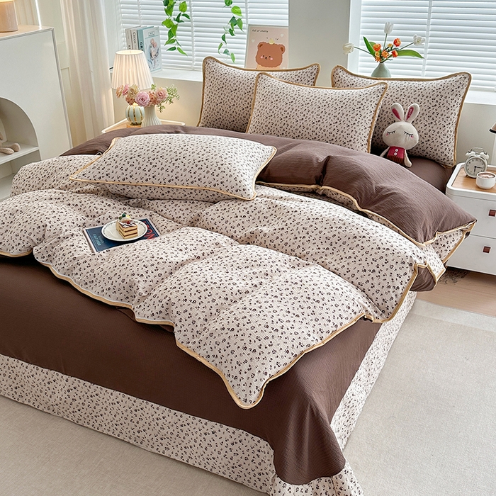 91家纺网 家纺一手货源 找家纺 爱洛家纺 2026新款印花皱皱纱四件套 咖调星絮