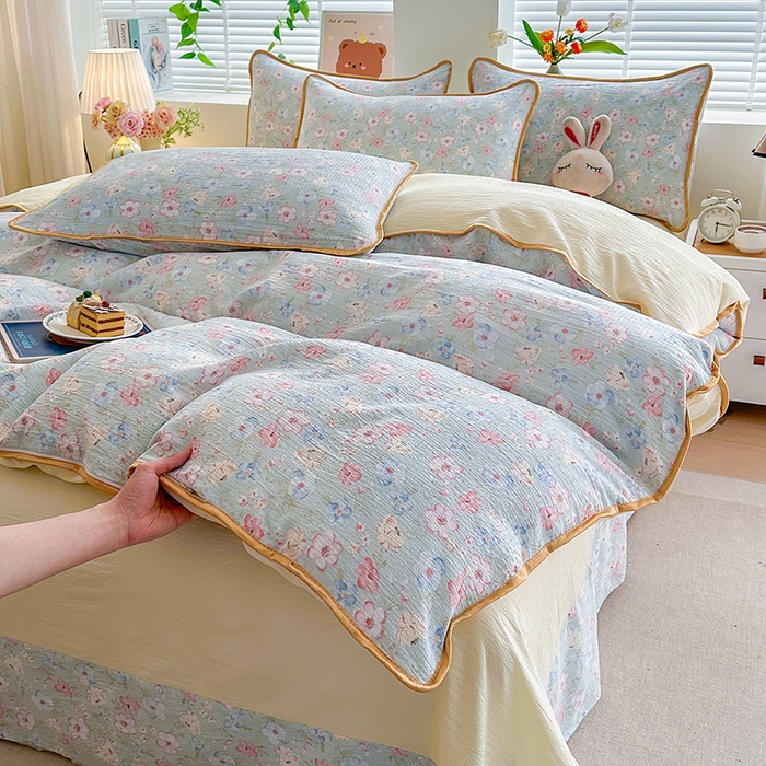 91家纺网 家纺一手货源 找家纺 爱洛家纺 2026新款印花皱皱纱四件套 清溪落英