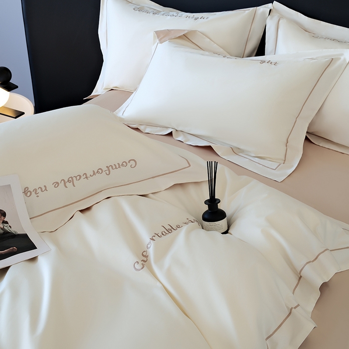 91家纺网 家纺一手货源 找家纺 女子家纺 2026新款A类全棉长绒棉双拼四件套刺绣轻奢床上用品-原素 白+奶茶