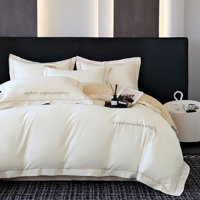 91家纺网 家纺一手货源 找家纺 女子家纺 2026新款A类全棉长绒棉双拼四件套刺绣轻奢床上用品-原素 白+奶茶