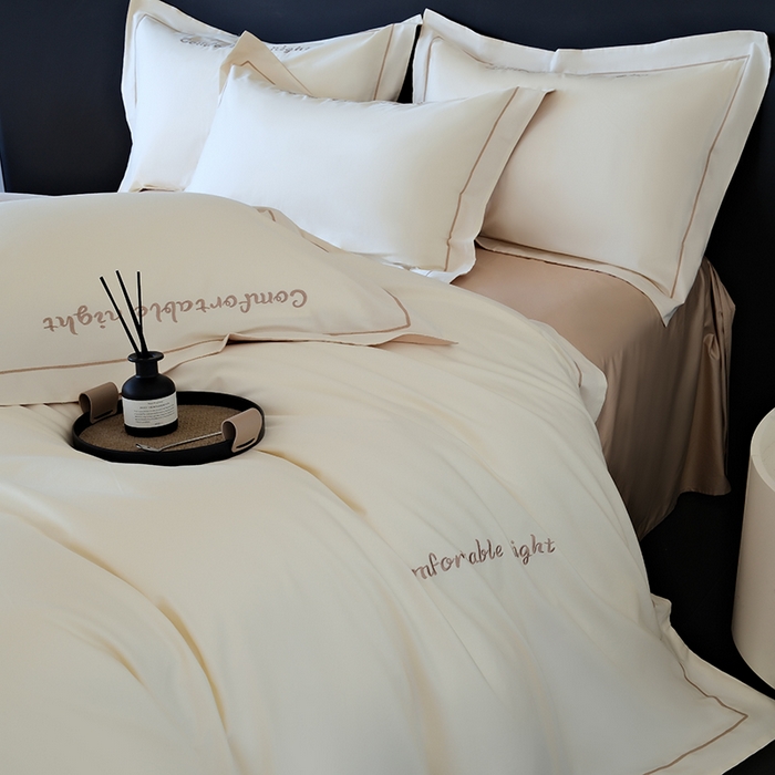 91家纺网 家纺一手货源 找家纺 女子家纺 2026新款A类全棉长绒棉双拼四件套刺绣轻奢床上用品-原素 白+奶茶