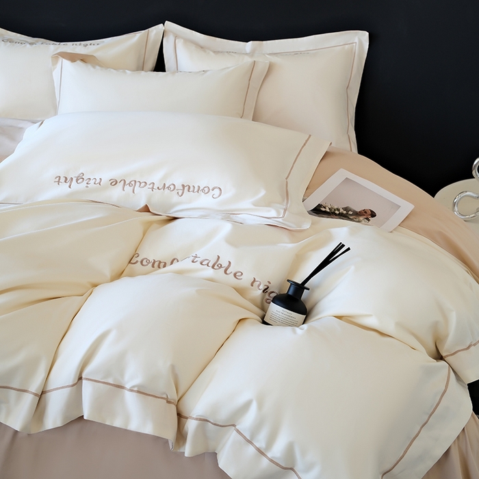 91家纺网 家纺一手货源 找家纺 女子家纺 2026新款A类全棉长绒棉双拼四件套刺绣轻奢床上用品-原素 白+奶茶