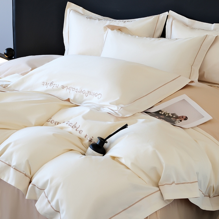 91家纺网 家纺一手货源 找家纺 女子家纺 2026新款A类全棉长绒棉双拼四件套刺绣轻奢床上用品-原素 白+奶茶