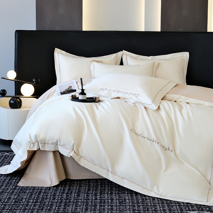 91家纺网 家纺一手货源 找家纺 女子家纺 2026新款A类全棉长绒棉双拼四件套刺绣轻奢床上用品-原素 白+奶茶