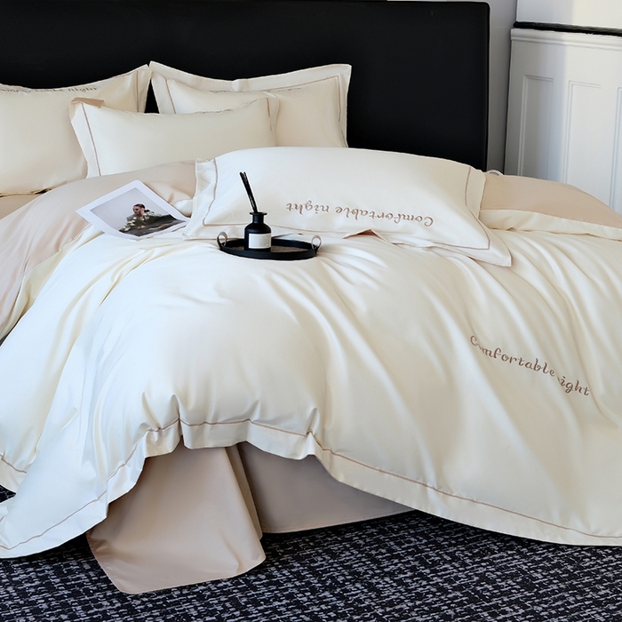 91家纺网 家纺一手货源 找家纺 女子家纺 2026新款A类全棉长绒棉双拼四件套刺绣轻奢床上用品-原素 白+奶茶