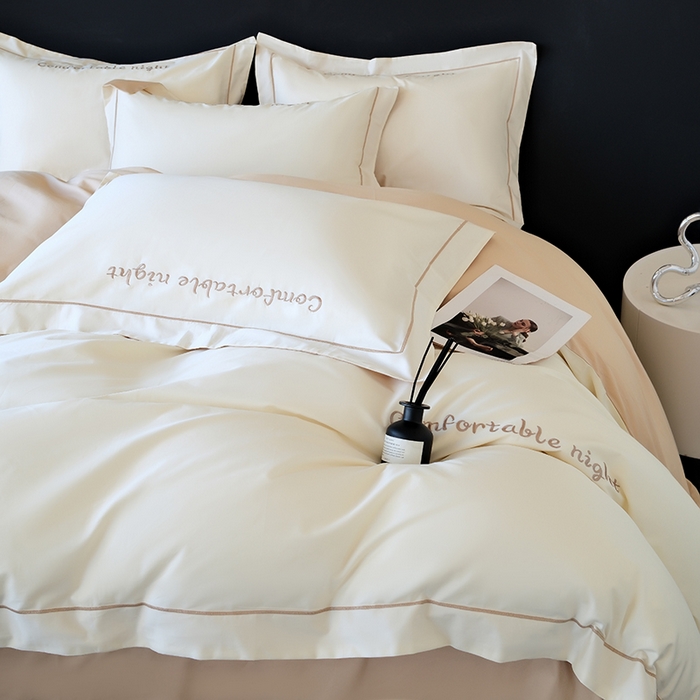 91家纺网 家纺一手货源 找家纺 女子家纺 2026新款A类全棉长绒棉双拼四件套刺绣轻奢床上用品-原素 白+奶茶