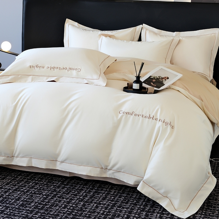 91家纺网 家纺一手货源 找家纺 女子家纺 2026新款A类全棉长绒棉双拼四件套刺绣轻奢床上用品-原素 白+奶茶