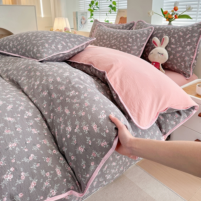 爱洛家纺 2026新款印花皱皱纱四件套 雾灰樱落