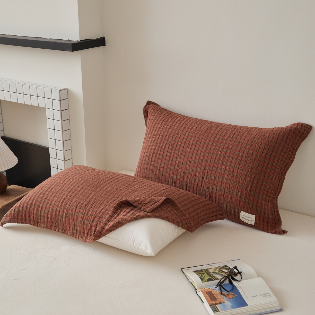 百寐 2026年3月全棉A类色织枕巾52*75条纹格子美拉德色系纯棉吸汗枕巾 色织-红格