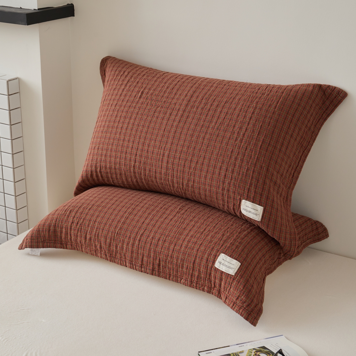 91家纺网 家纺一手货源 找家纺 百寐 2026年3月全棉A类色织枕巾52*75条纹格子美拉德色系纯棉吸汗枕巾 色织-红格