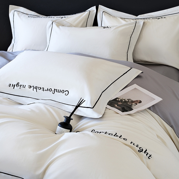 91家纺网 家纺一手货源 找家纺 女子家纺 2026新款A类全棉长绒棉双拼四件套刺绣轻奢床上用品-原素 白+浅灰