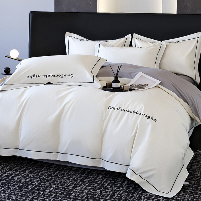 91家纺网 家纺一手货源 找家纺 女子家纺 2026新款A类全棉长绒棉双拼四件套刺绣轻奢床上用品-原素 白+浅灰