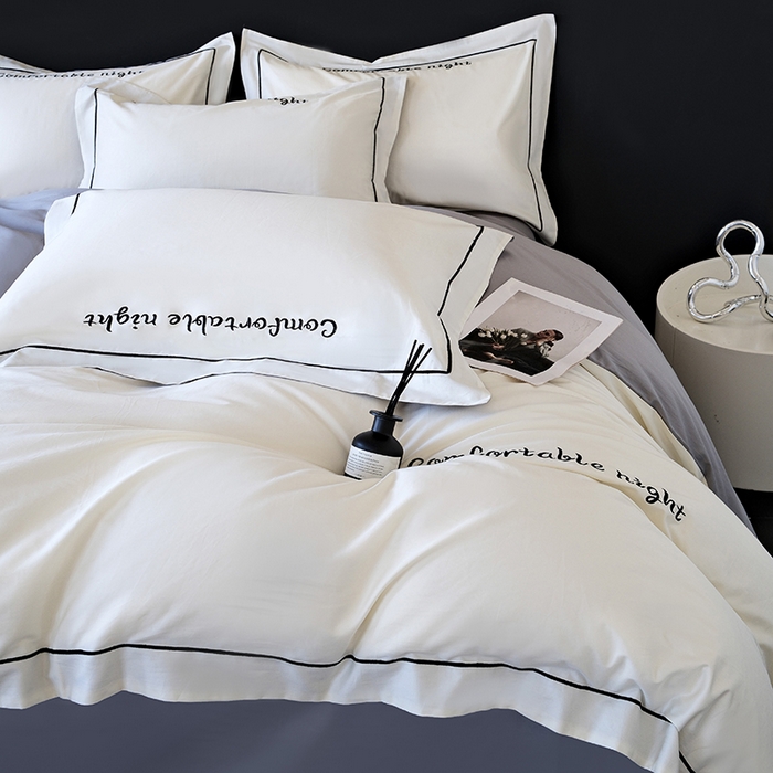 91家纺网 家纺一手货源 找家纺 女子家纺 2026新款A类全棉长绒棉双拼四件套刺绣轻奢床上用品-原素 白+浅灰