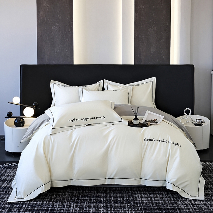 91家纺网 家纺一手货源 找家纺 女子家纺 2026新款A类全棉长绒棉双拼四件套刺绣轻奢床上用品-原素 白+浅灰