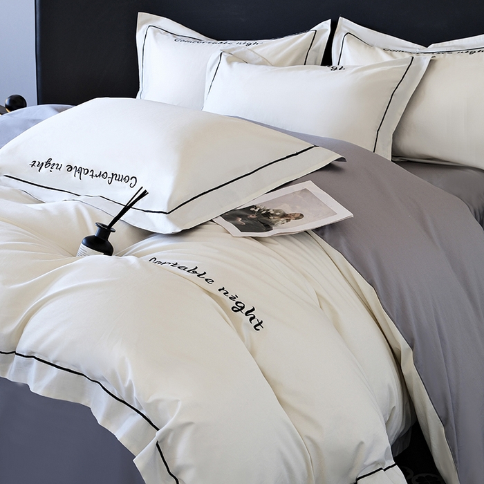 女子家纺 2026新款A类全棉长绒棉双拼四件套刺绣轻奢床上用品-原素 白+浅灰