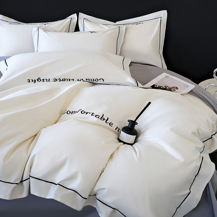 91家纺网 家纺一手货源 找家纺 女子家纺 2026新款A类全棉长绒棉双拼四件套刺绣轻奢床上用品-原素 白+浅灰