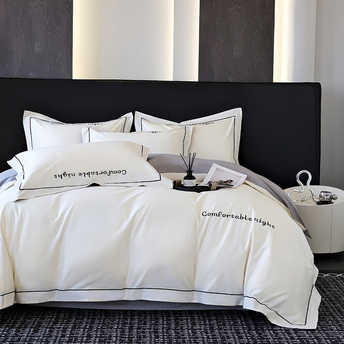 91家纺网 家纺一手货源 找家纺 女子家纺 2026新款A类全棉长绒棉双拼四件套刺绣轻奢床上用品-原素 白+浅灰